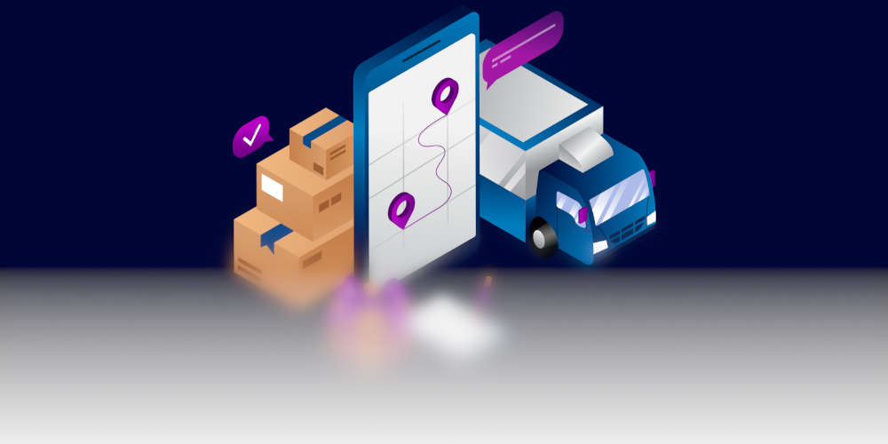 Packaged boxes, delivery truck, and tracking map on smartphone